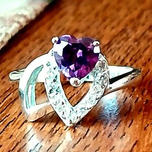 Sterling Silver floating hearts with purple heart stone ring